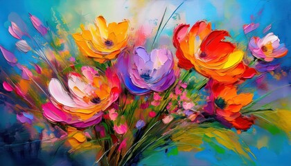 Vibrant Abstraction Exploring a Kaleidoscope of Spring Flowers and Oceanic Waves in an Expressive Oil Painting