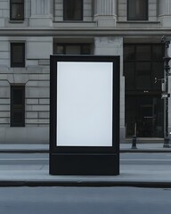 Blank Billboard Stands On City Street Beside Buildings
