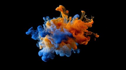 Abstract swirling blue and orange ink in water on black background.