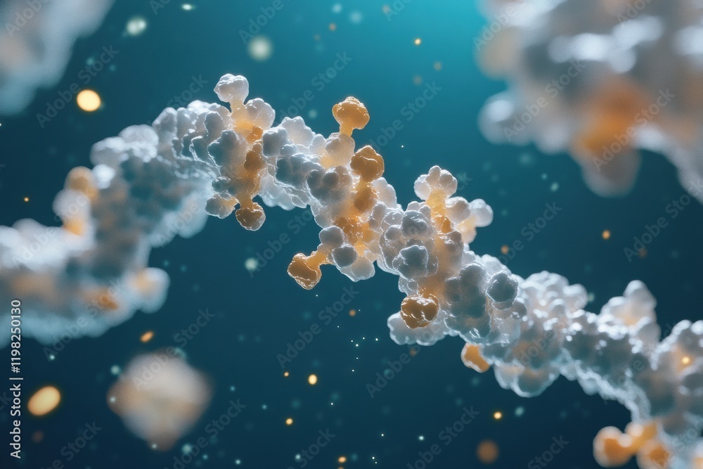 Poster close up view of molecular rna chain surrounded by viruses in a vibrant digital representation. gene