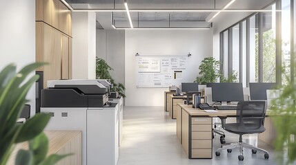 Fototapeta premium Modern Office Printer Ready to Print Documents and Posters in a Professional Workspace