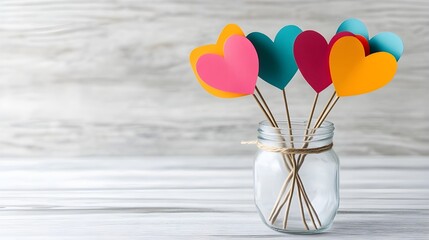 Colorful paper hearts arranged in a glass.