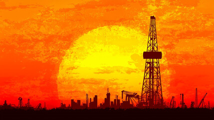 Obraz premium Silhouette of an oil drilling rig against a setting sun, with copy space. Warm golden light.Skyline background.