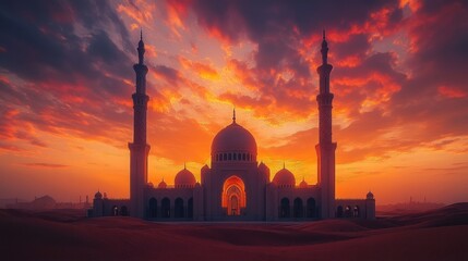 Desert Mosque Sunset, Dramatic Sky, Arabian Landscape, Travel Poster