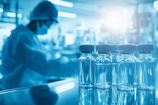 Medical vials grouped together on a lab counter, some frosted with cold storage, with a blurred lab setup and a scientist in a face mask in the background with copy space. Bright cool light.