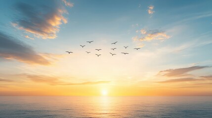 Morning Horizon with Birds Flying Over the Ocean