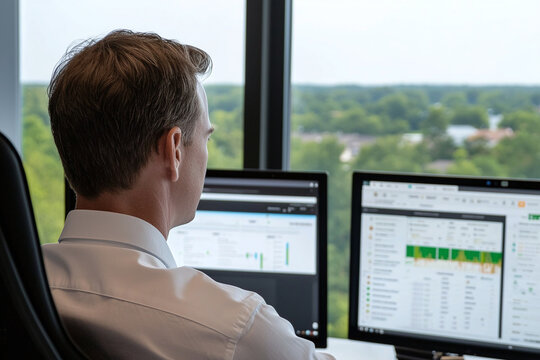 businessman focused on data analysis, working on dual monitors in modern office with green landscape view. atmosphere conveys professionalism and concentration