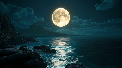 Full moon over a tranquil ocean at night: a 3d render ai generated. moonshade. illustration. Moonshade. Illustration