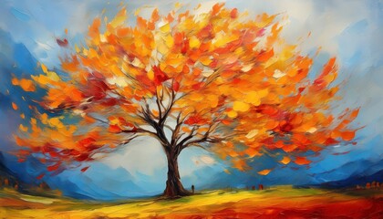 Vibrant Autumn Landscape Colorful Abstract Tree Amidst a Spectacular Palette of Fall Hues in an Oil Painting, Embracing the Essence of a Serene and Picturesque Scene.