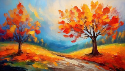 Vibrant Autumn Landscape Colorful Abstraction of a Stunning Tree Amidst an Explosion of Fall Colors, Showcasing Abstract Arts Emotional Depth.
