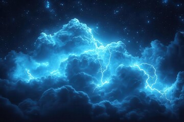 Fototapeta premium conceptual illustration of a stormy cloud illuminated by striking neon lightning bolts against a pitch-black background, showcasing the raw power and beauty of electricity