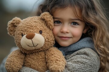 concerned child hugging a teddy bear while being comforted by a parent, against a backdrop of a blurred family scene, encapsulating emotional support and the bond of family love