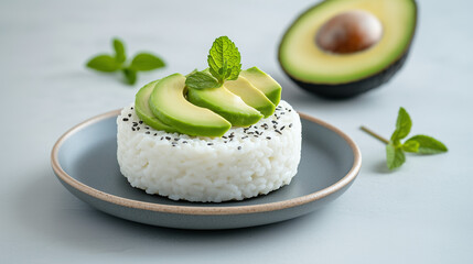 Aesthetic sushi rice cake topped with fresh avocado and decorated with mint leaves on a modern ceramic plate against a minimalist background.
