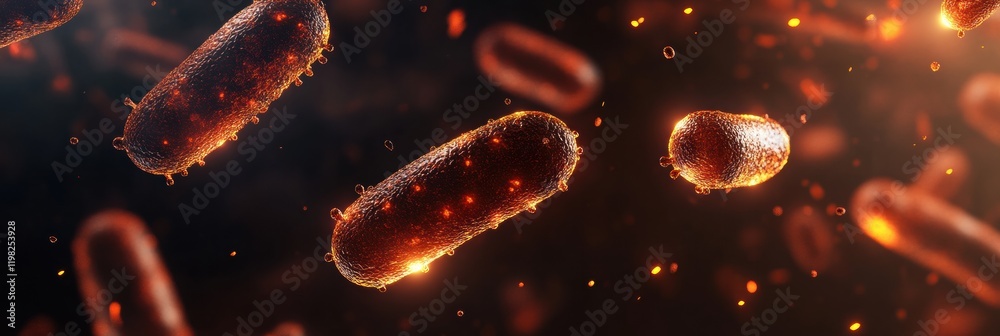Poster microscopic view of glowing 3d microbes in a vibrant and dynamic environment showcasing their unique