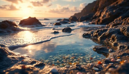 Sunset Reflections on Rocky Shoreline, Tide Pools and Shells at Golden Hour, Evoking a Tranquil Coastal Scene