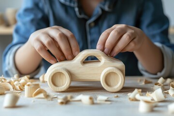 A child carefully crafts a wooden toy car, showcasing the process of woodworking and creative play.