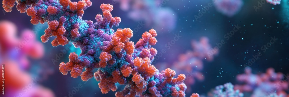 Poster Close up view of molecular RNA chain surrounded by viral particles showcasing intricate biological structures. Generative AI
