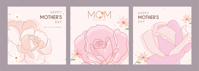 Mother's day clipart poster set design. Beautiful rose clip art for happy mom with elegant pink pastel drawing outline floral collection. Vector illustration mother's day greeting card.
