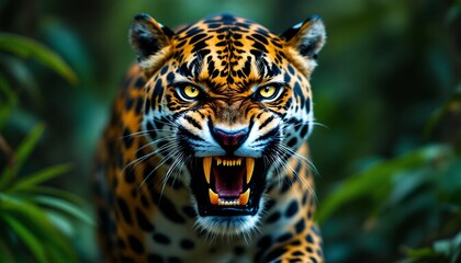 Fototapeta premium Magnificent Jaguar Roaring in the Jungle