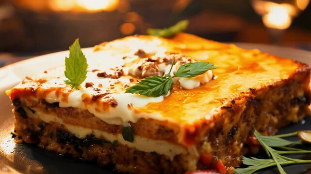 Slow zoom out video, warm ambient light, traditional greek moussaka with layers of eggplant, potatoes, and meat sauce topped with b&eacute;chamel, dried oregano adds aroma
