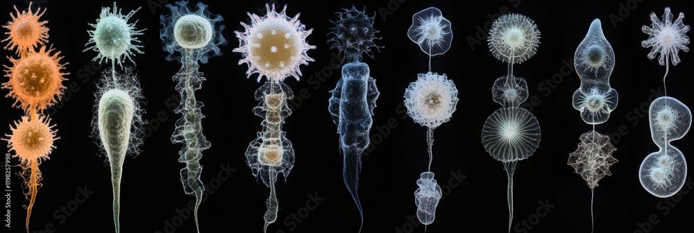 Fototapete sequential evolution of diverse bacteria showcasing unique shapes and characteristics over time. gen