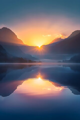Fototapeta premium Breathtaking Sunrise Over Serene Mountainous Landscape With Reflected Lake