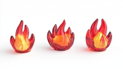 Fire and flames plastic 3D icons in cartoon plastic minimal isolated on transparent white background clipping path