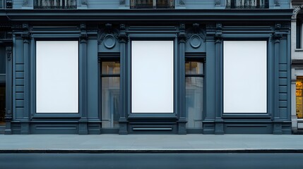 Dark Blue Building Facade With Blank Store Windows