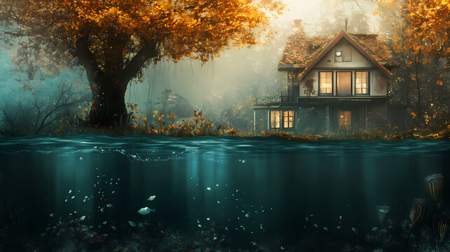 Hypotheek en huis onder water. Goldenbark. Illustration