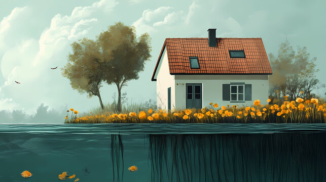 Hypotheek en huis onder water. Goldenbark. Illustration