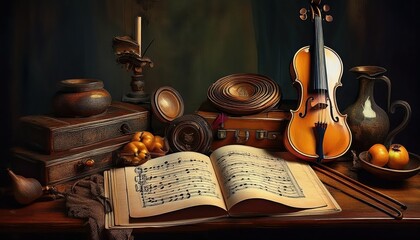 Vintage Violin Music Sheet Book amidst a Timeless Collection of Antique Objects, Evoking a Sense of Nostalgia and Artistic Elegance in an Intimate Still Life.