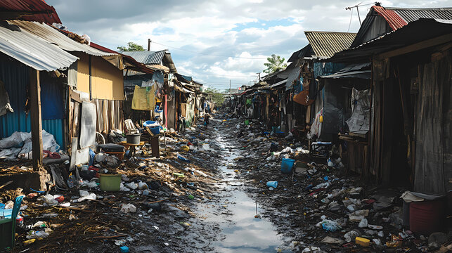 Rundown shantytown houses with corrugated iron roofs and makeshift walls made of scavenged materials line a narrow, trash-filled alleyway in a filipino slum. Goldenbark. Illustration