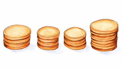 Stacks of gold coins of different heights on a white background. Goldenbark. Illustration