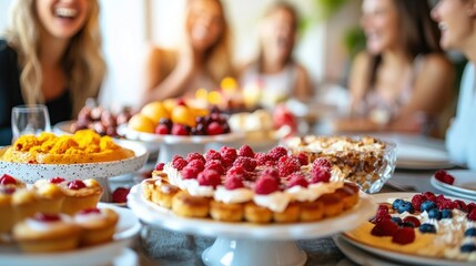 Joyful brunch gathering with table full of fruit tart and cake
