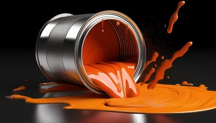 Orange Spill from Metal Paint Can on Transparent Background A Vibrant and Messy Still Life at Dusk