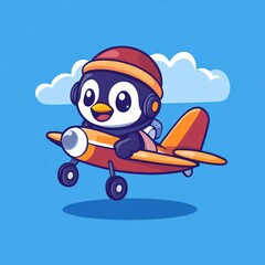 Fototapeta premium Cute penguin pilot flying plane, cloudy sky, adventure illustration, kids book