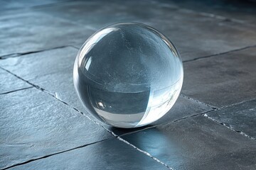 A large, clear glass sphere rests on a dark, textured stone floor, reflecting its surroundings.