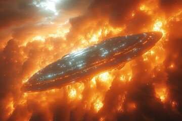 Obraz premium crystalline alien spacecraft descending into churning volcanic crater, bioluminescent energy field, swirling lava streams, dramatic red-orange glow, volumetric lighting, hyperrealistic detail