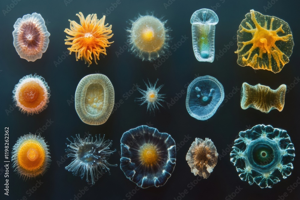 Poster sequence of evolving bacteria showcasing various shapes and forms under microscope with vibrant colo