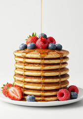 Delicious Pancakes Stack with Berries and Syrup