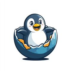 Obraz premium Cartoon penguin hatching from egg on white background for use as icon, or children's illustration