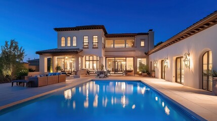 Fototapeta premium Mediterranean Villa at Dusk: Luxury Estate with Swimming Pool