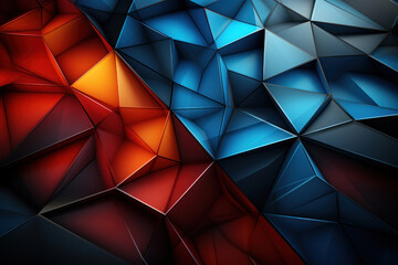 An abstract composition executed in a modern style. Geometric shapes, mostly triangles, form a complex grid, creating a sense of volume and depth.  