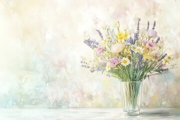 Pastel Spring Bouquet in Glass Vase Against Textured Wall