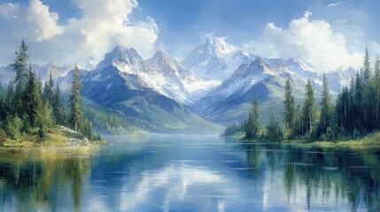 Serene mountain lake reflecting snow-capped peaks under a bright blue sky.