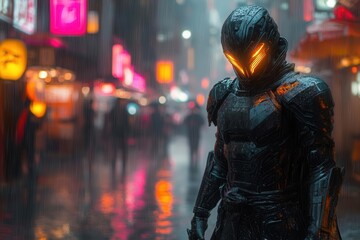 cyberpunk samurai warrior with glowing neon armor standing in rainy neon-lit street, reflecting lights in puddles, steam rising from vents