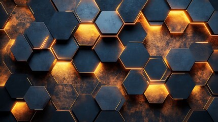 Dynamic hexagonal patterns illuminated with golden light abstract art