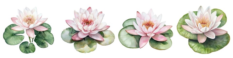 Beautiful water lilies arranged in a row with green leaves. Flower watercolor.