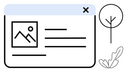 Browser window with image placeholder, text lines, close icon, simple tree, and leaf shape. Ideal for web design, user interfaces, minimalism modern aesthetics content layout simplicity. An