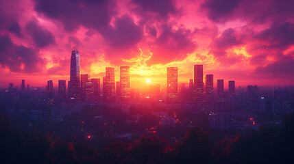 Vibrant City Skyline at Sunset with Pink and Purple Clouds